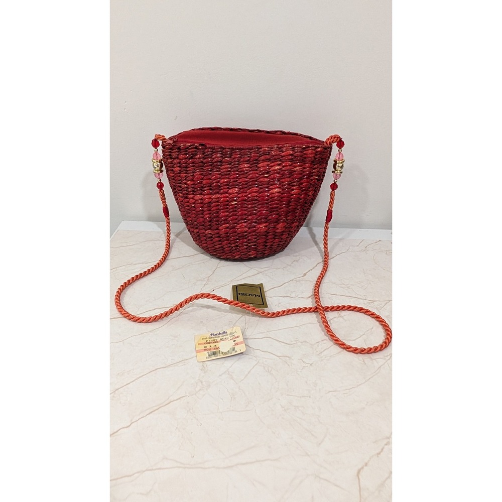 Vintage Magid Red Woven Straw Crossbody Bag Beaded Rope Strap NWT